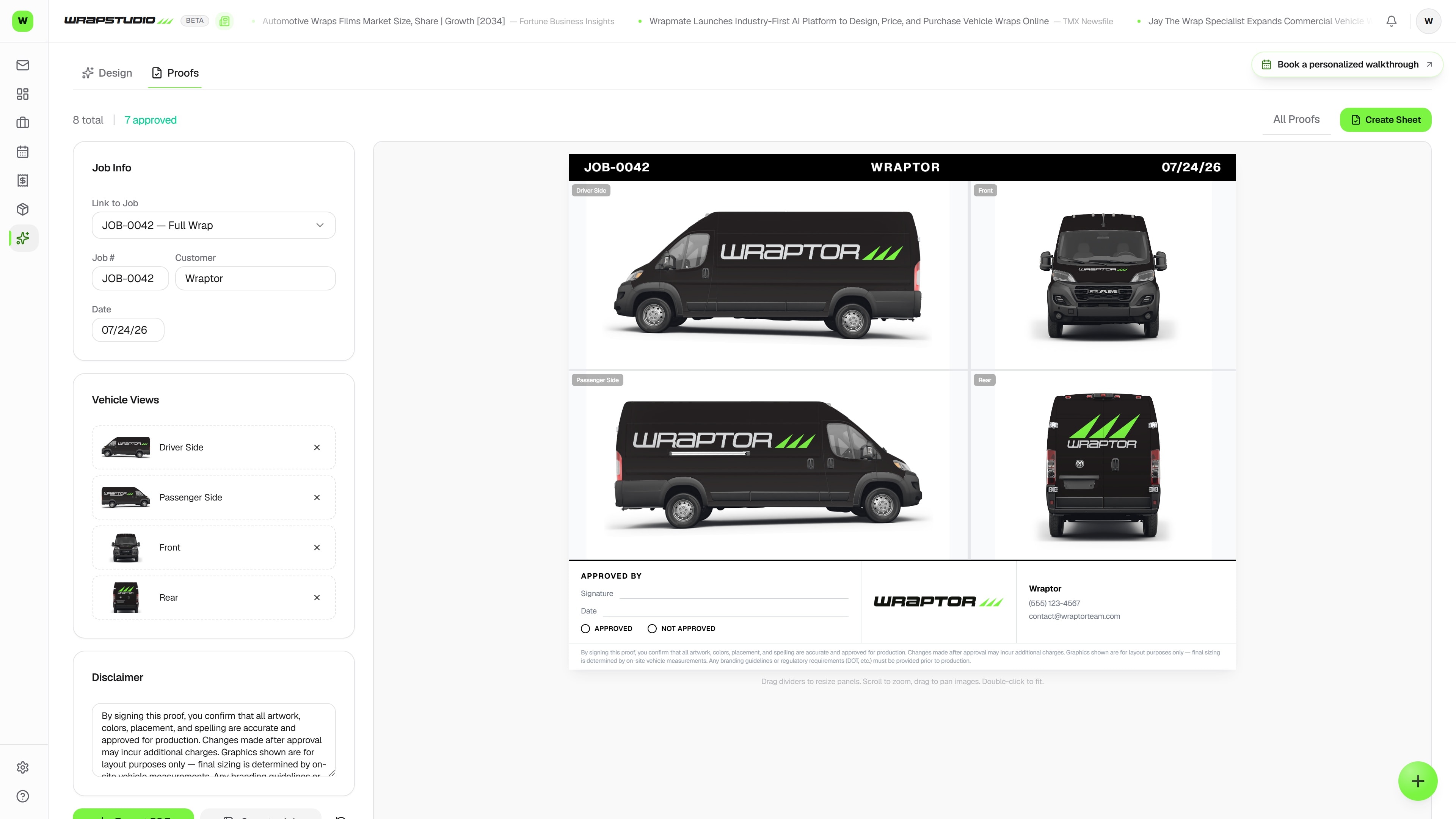 Wraptor proof review with a vehicle mockup and customer feedback