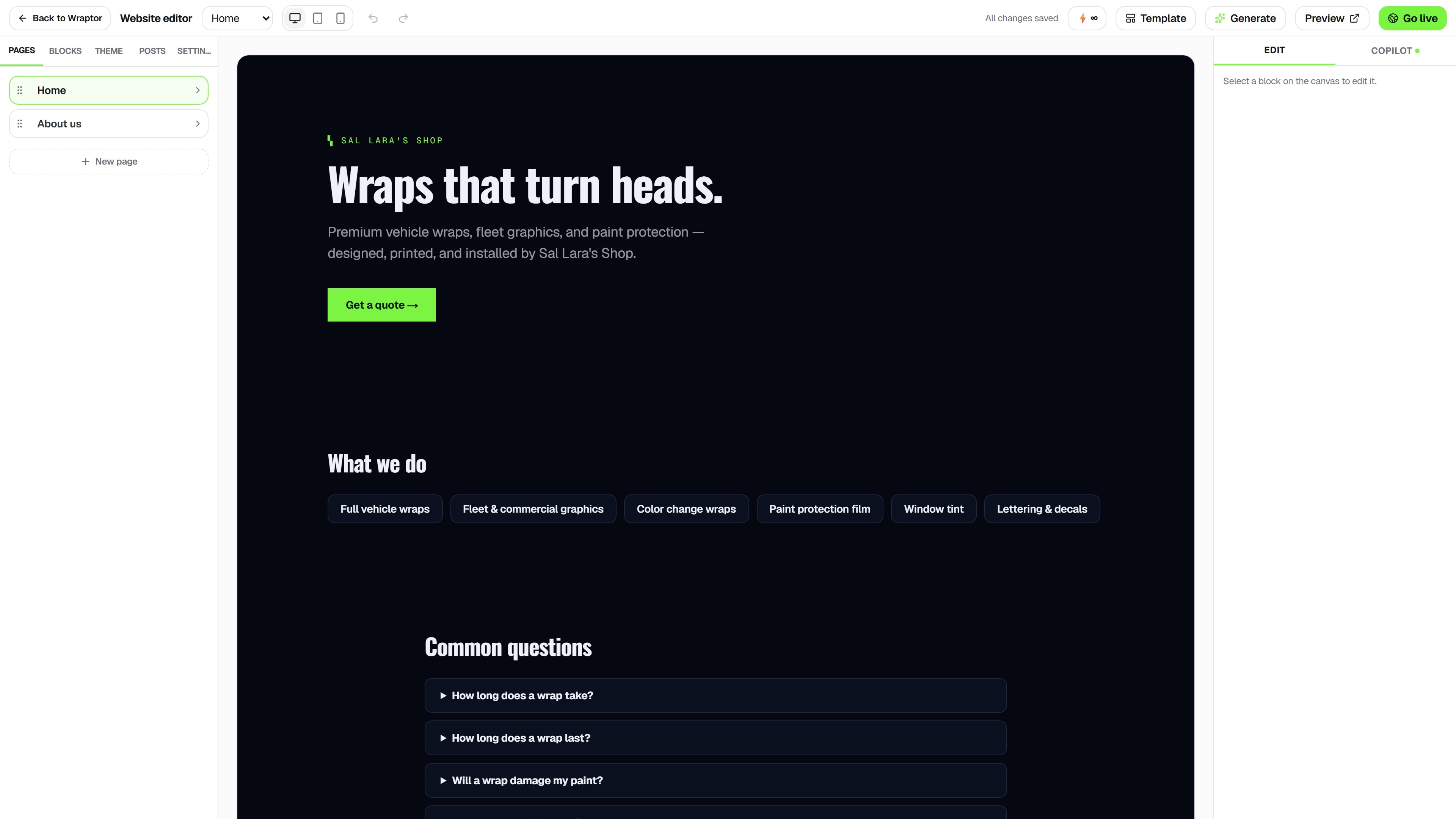 Wraptor website builder with a shop portfolio and quote request form