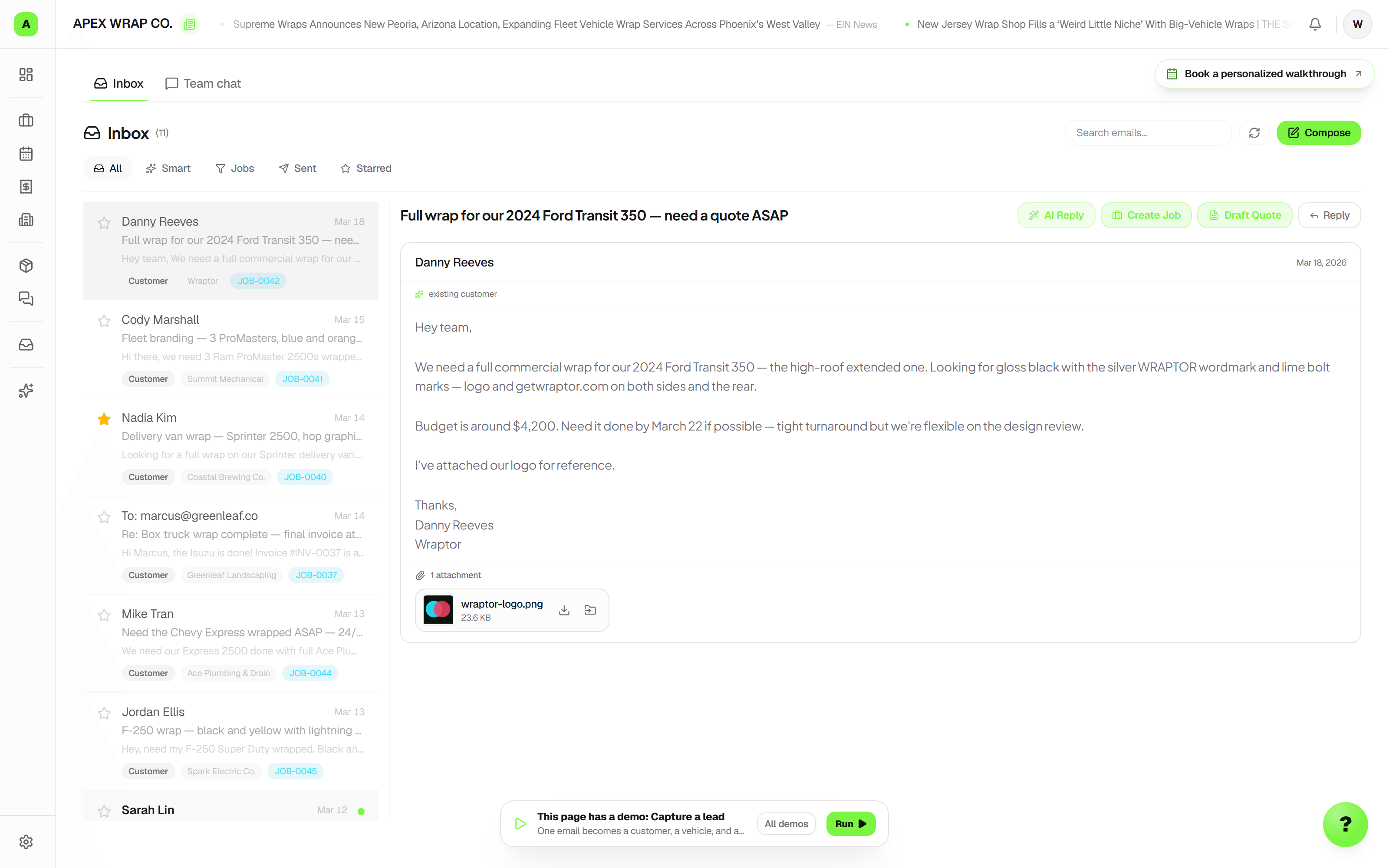 Customer quote requests in the Wraptor lead inbox
