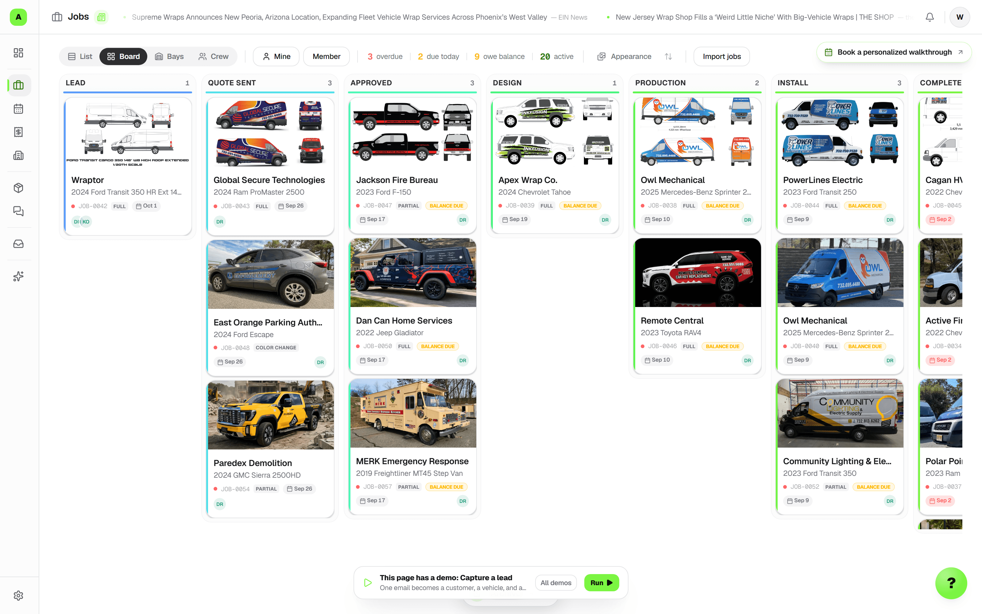 The Wraptor job board showing each job's production stage