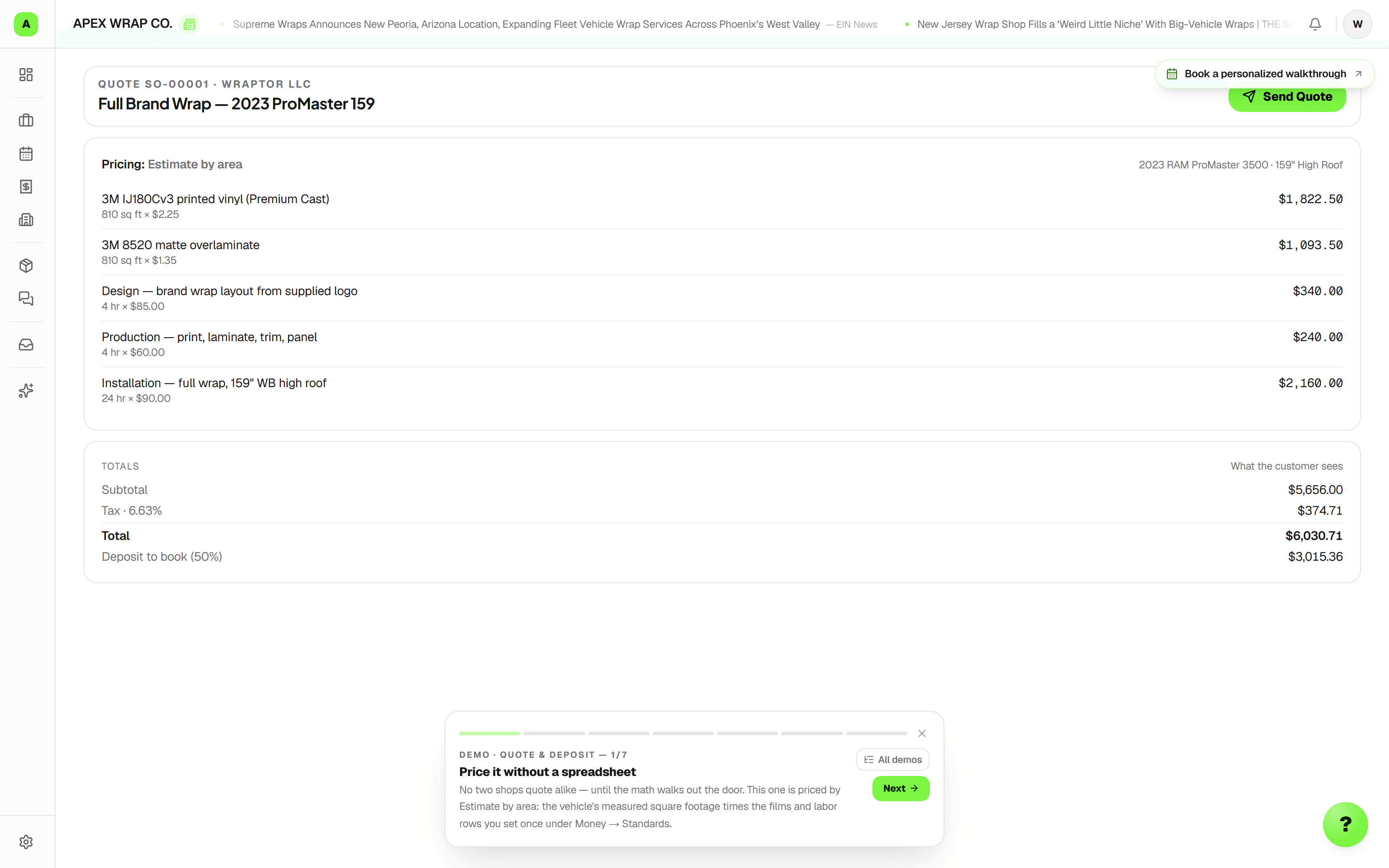 Wraptor estimate with itemized products, prices, and payment terms