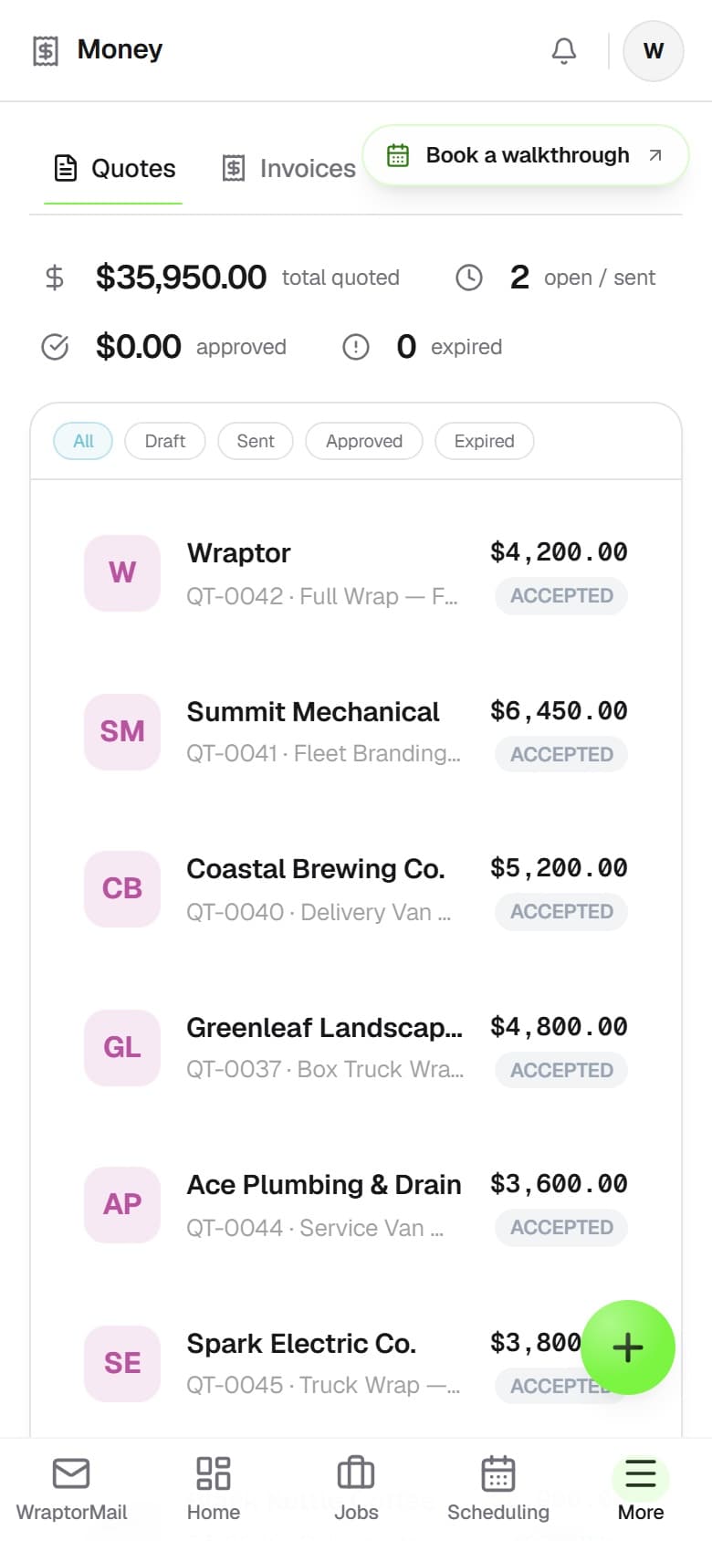 Wraptor quote builder with itemized materials, labor, tax, and an approve button (mobile)