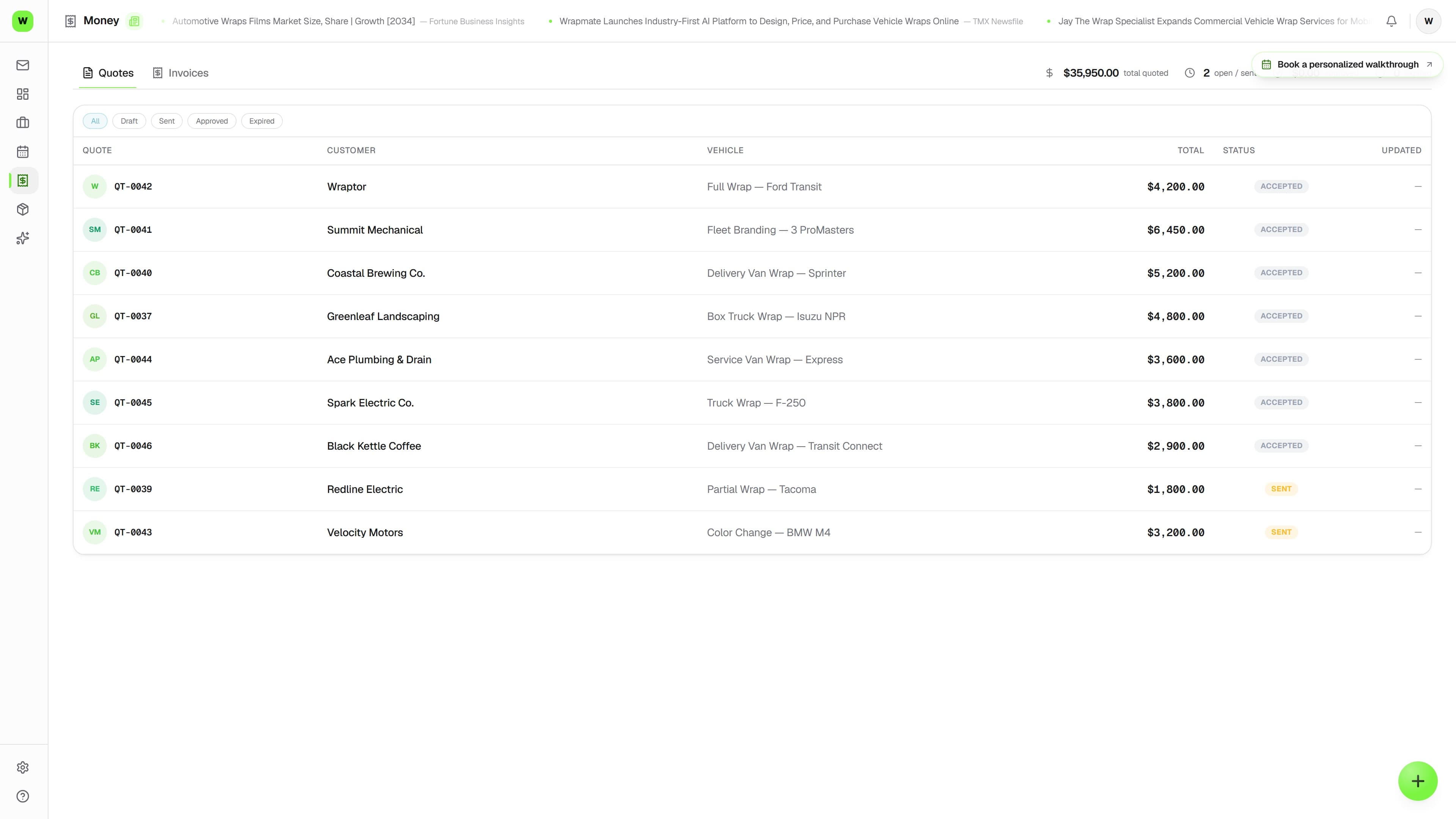Wraptor invoicing screen showing a one-click invoice with payment link and balance summary