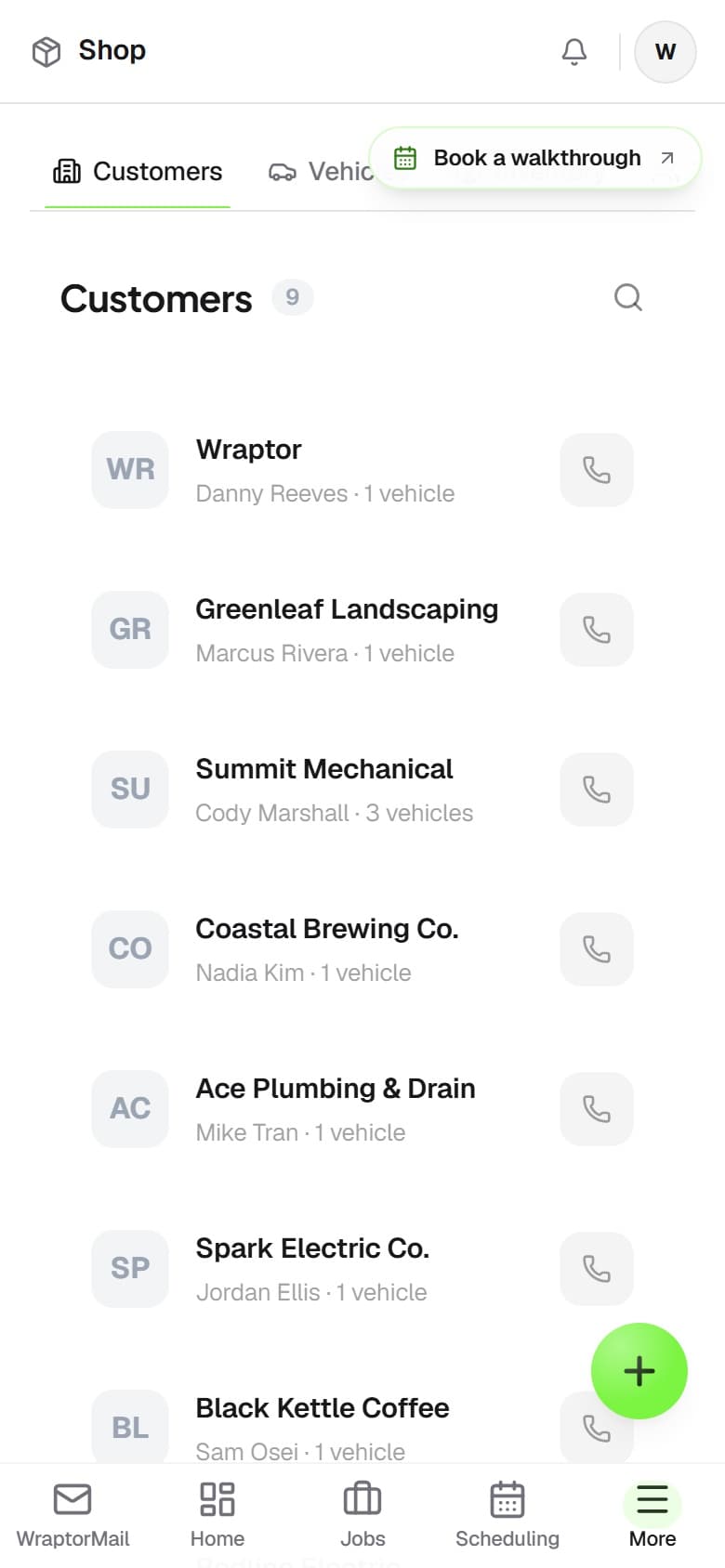 Wraptor CRM showing a customer profile with vehicle list, job history, and communication log (mobile)