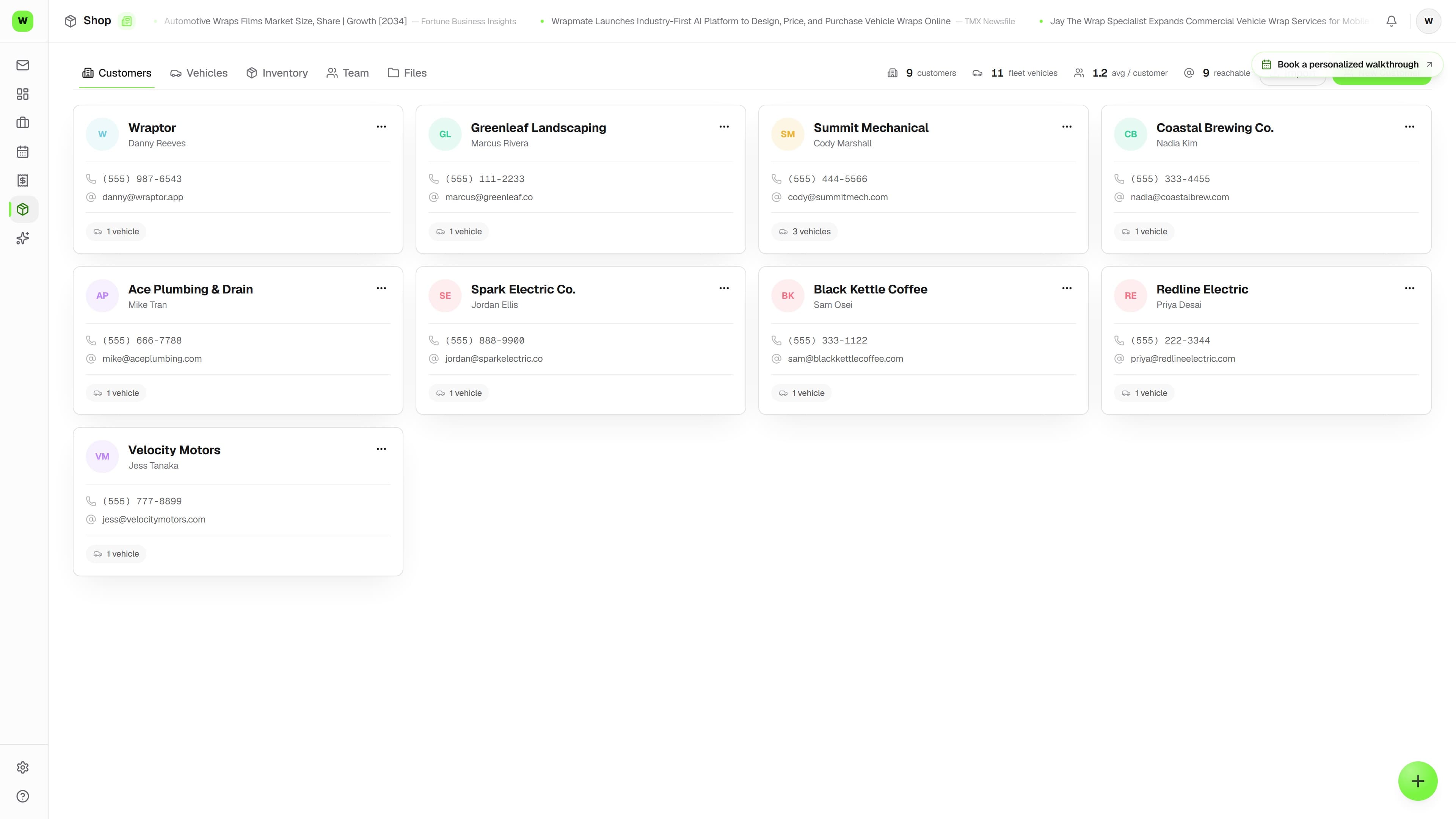 Wraptor CRM showing a customer profile with vehicle list, job history, and communication log
