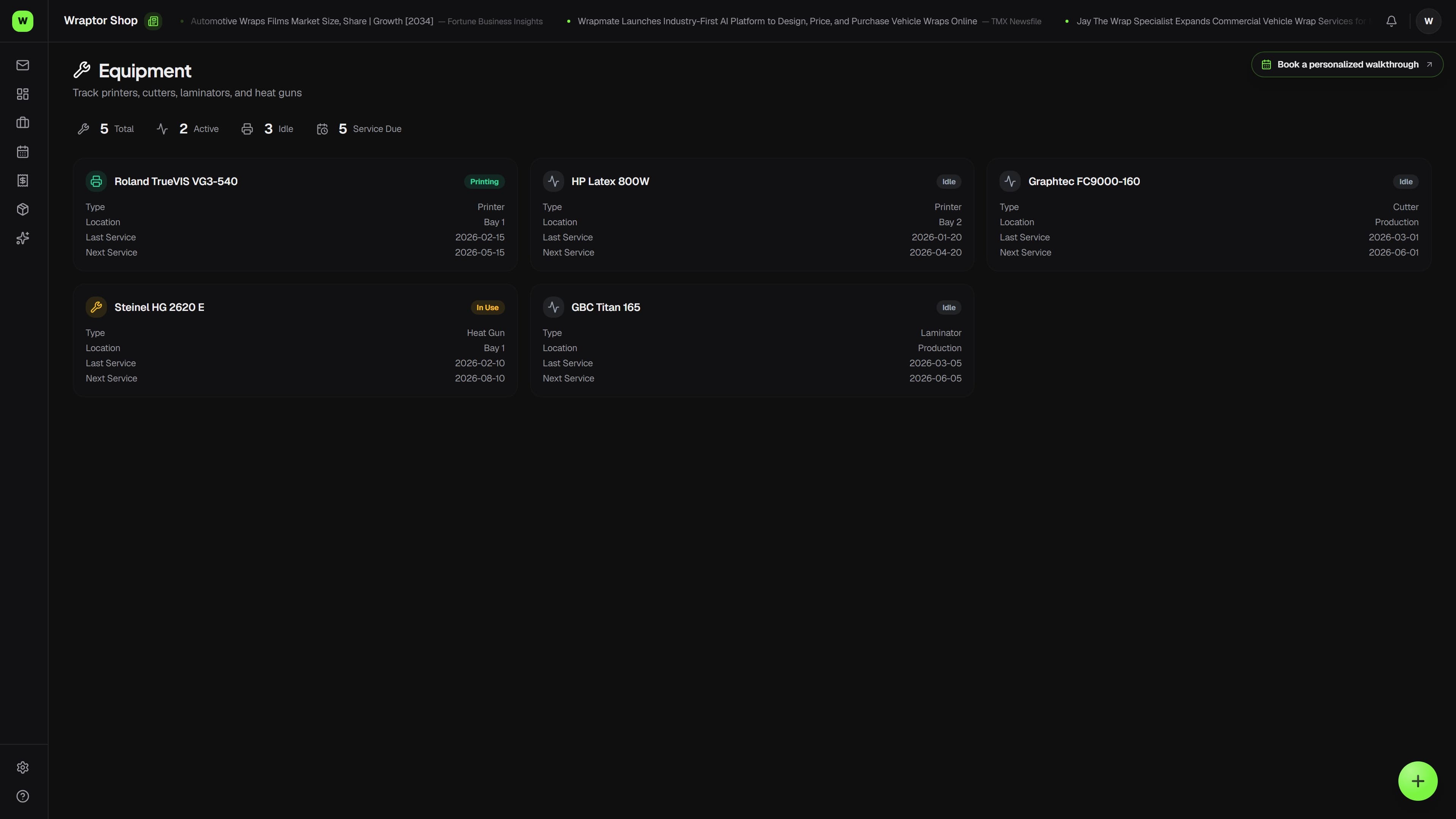 Wraptor Equipment hub showing machines, tools, and a maintenance schedule with next-due dates (dark mode)