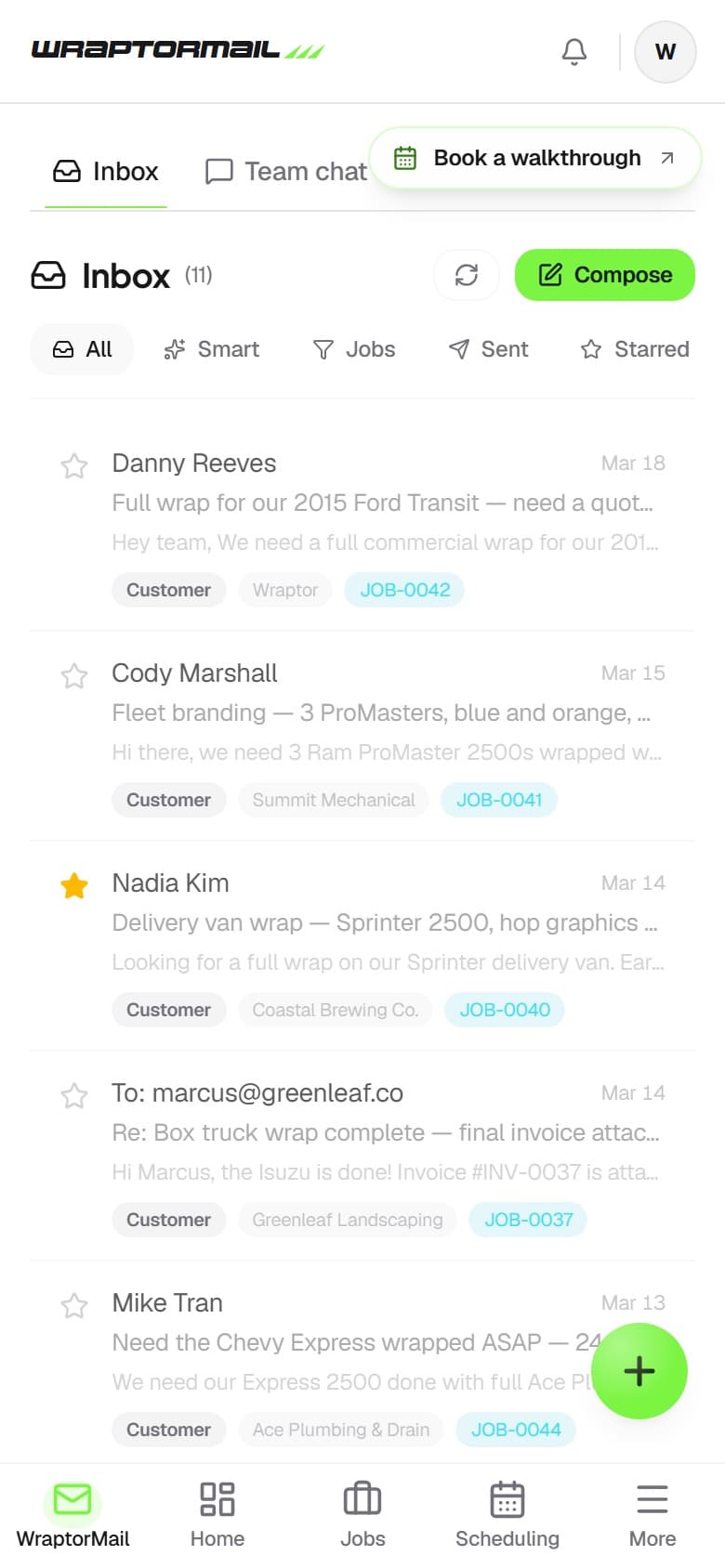 WrapMail shared inbox showing AI-tagged emails for a fleet inquiry, customer reply, and vendor shipment (mobile)