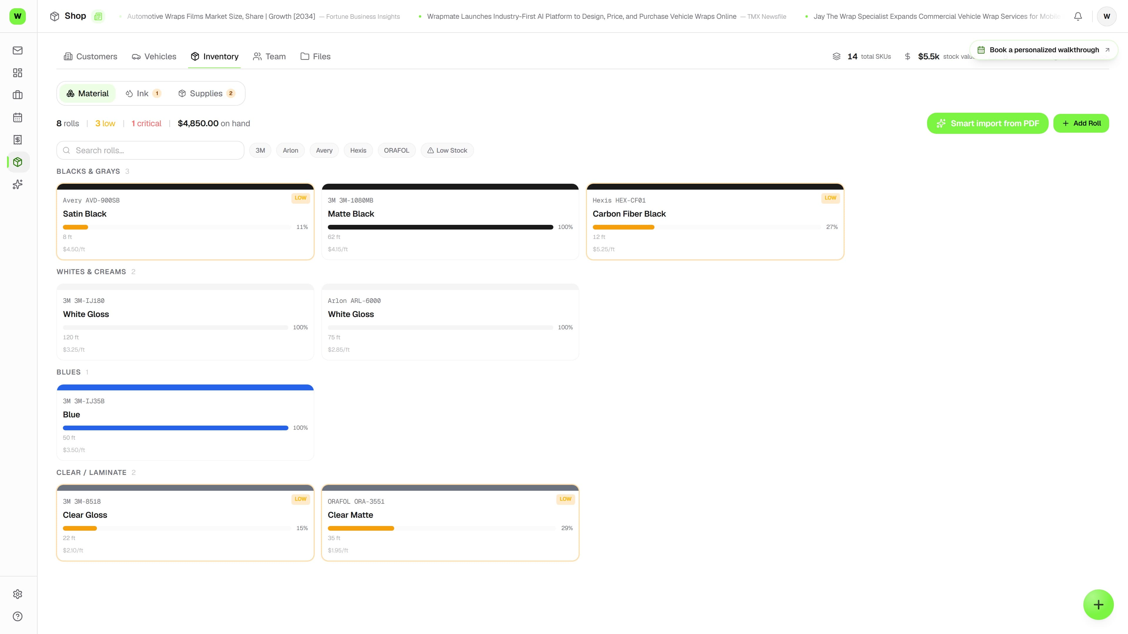 Wraptor inventory screen showing vinyl rolls by brand, color, and remaining footage