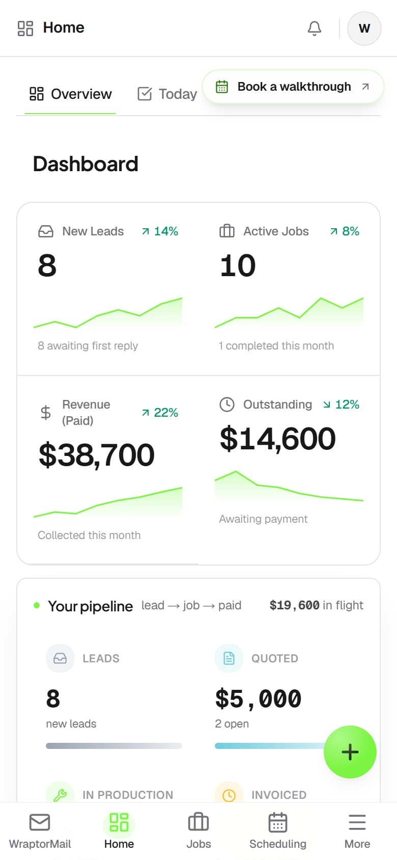 Wraptor Marketing suite showing the Lead Inbox, newsletter campaigns, and social content tabs (mobile)