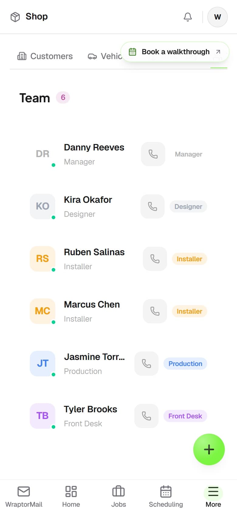 Wraptor team management dashboard showing role assignments, installer schedule, and workload distribution (mobile)